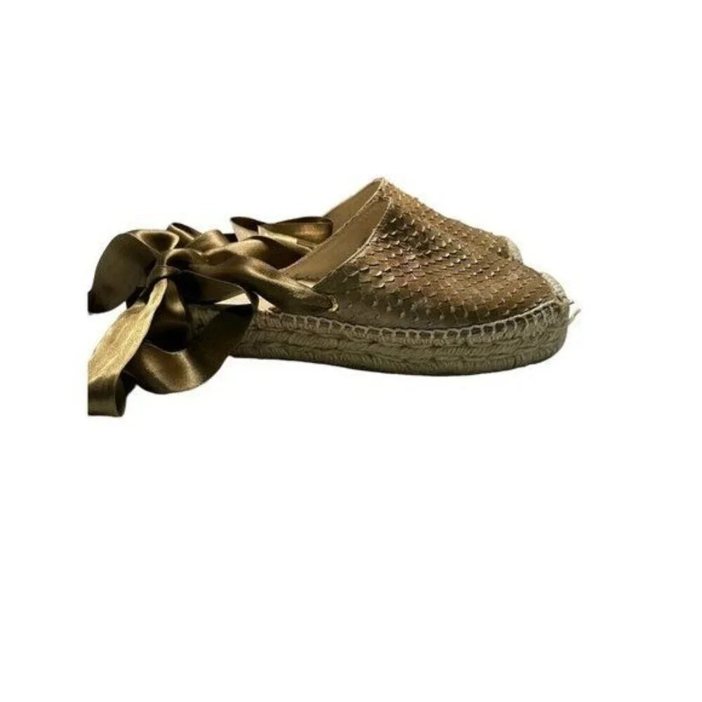 Sam Edelman Tan Scaled Lace Up Ankle Tie Espadrille Flats Brown Women Shoes‎ 38